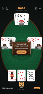 The end of a hand: each cat's three cards face up on the table with its total beside its name, one total marked in red for the strike, and a small dialog in the middle saying who scatted, who was lowest, and a Next Hand button.